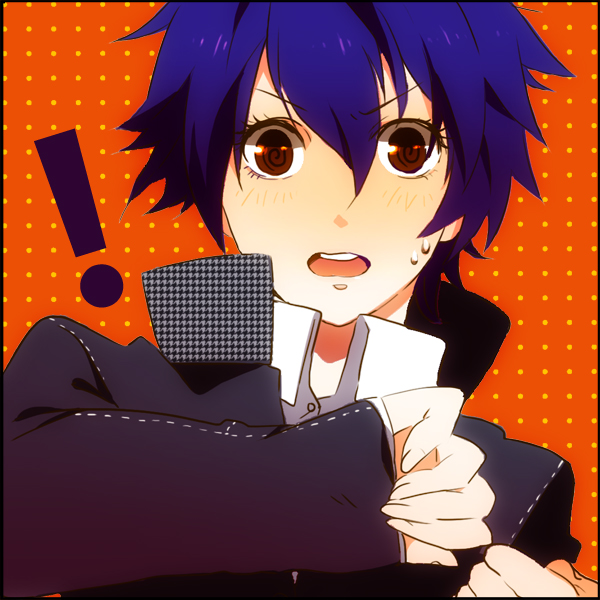 1girl, androgynous, blue_hair, persona, persona_4, red_eyes, reverse_trap, school_uniform