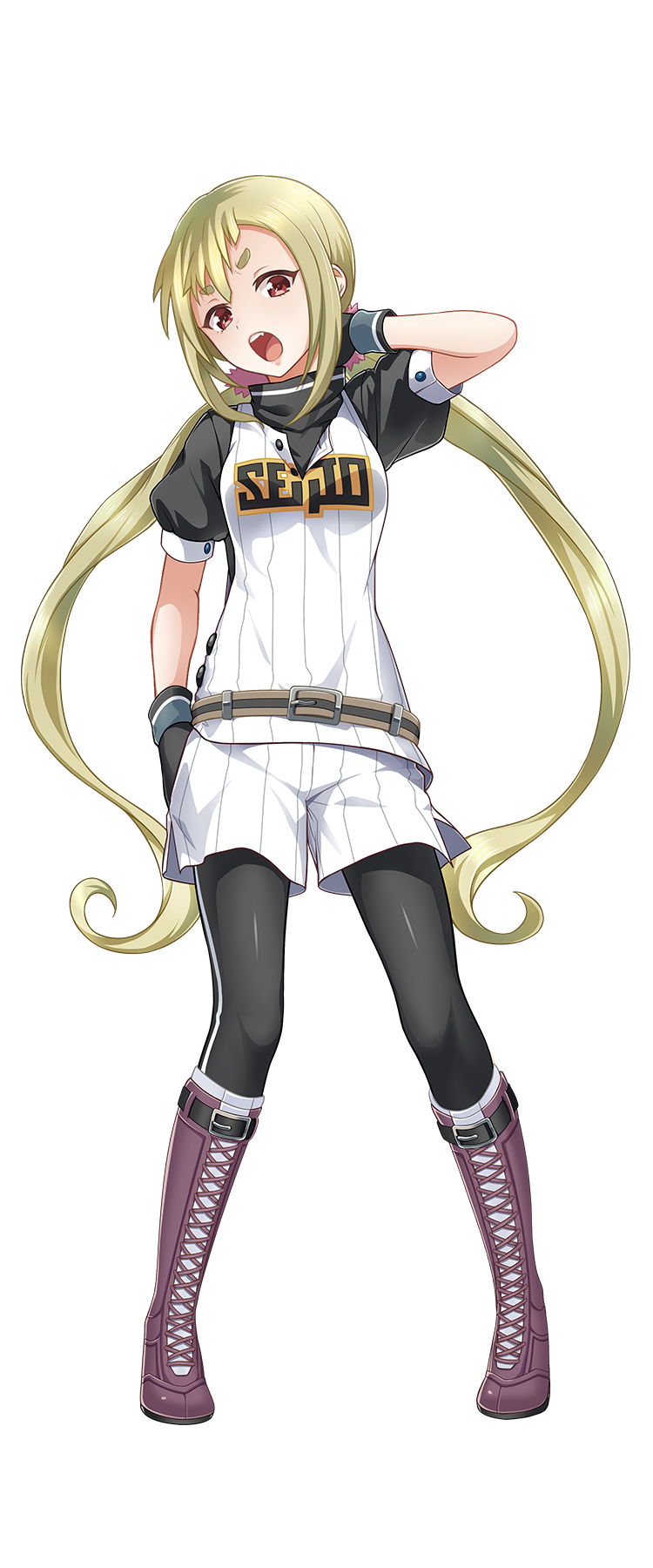 1girl, arm_behind_back, arm_behind_head, arm_up, artist_request, baseball_uniform, belt, black_gloves