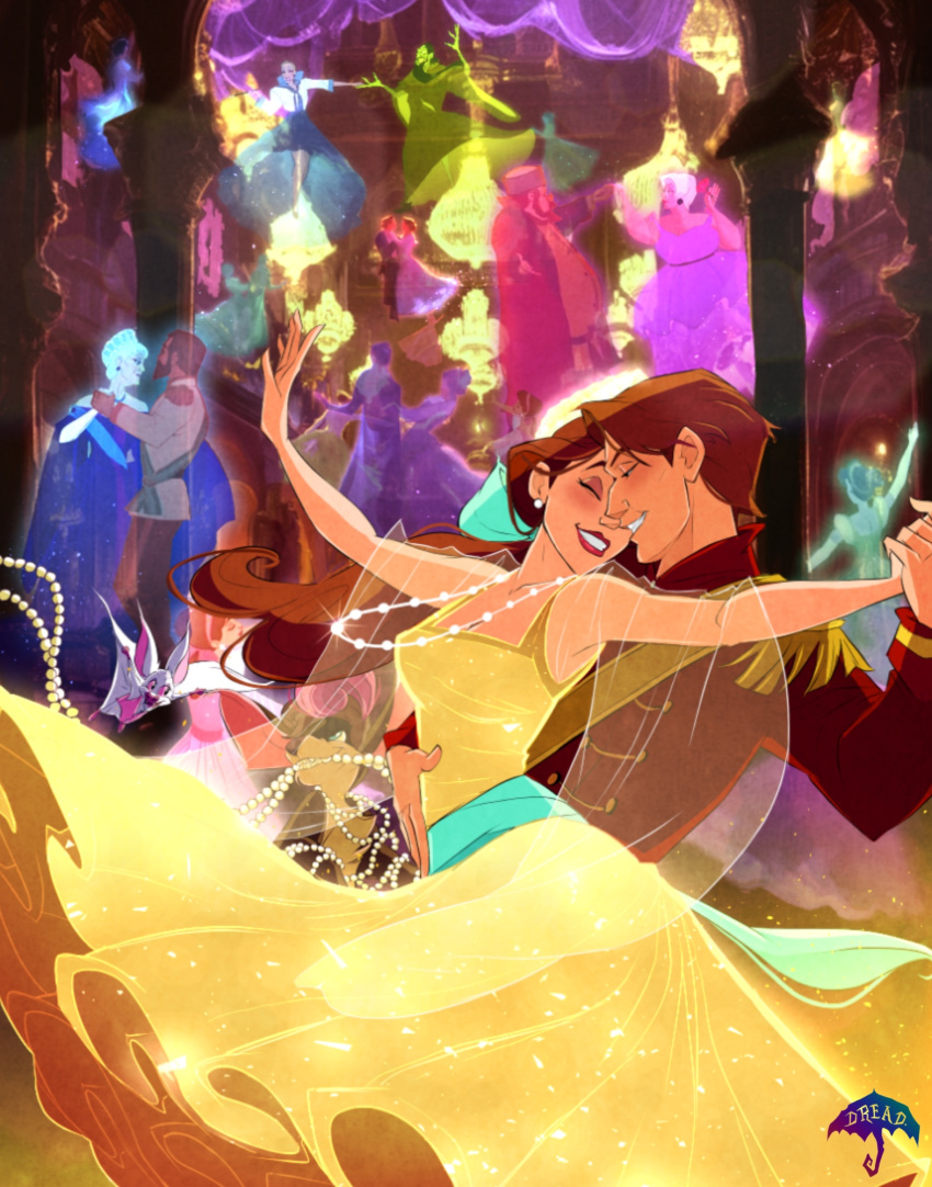 anastasia_(1997), anya_(anastasia), aqua_bow, bartok, bat_(animal), blue_dress, bow, brown_hair, clenched_teeth, commentary, crown, dancing, dimitri_(anastasia), dog, dreadart, dress, epaulettes, eyeshadow, family, green_dress, hair_bow, hairband, highres, jewelry, makeup, marie_(anastasia), necklace, nicholas_ii_(anastasia), pink_dress, ponytail, pooka_(anastasia), purple_dress, rasputin_(anastasia), red_lips, smile, sophie_(anastasia), teeth, vladimir_(anastasia), yellow_dress