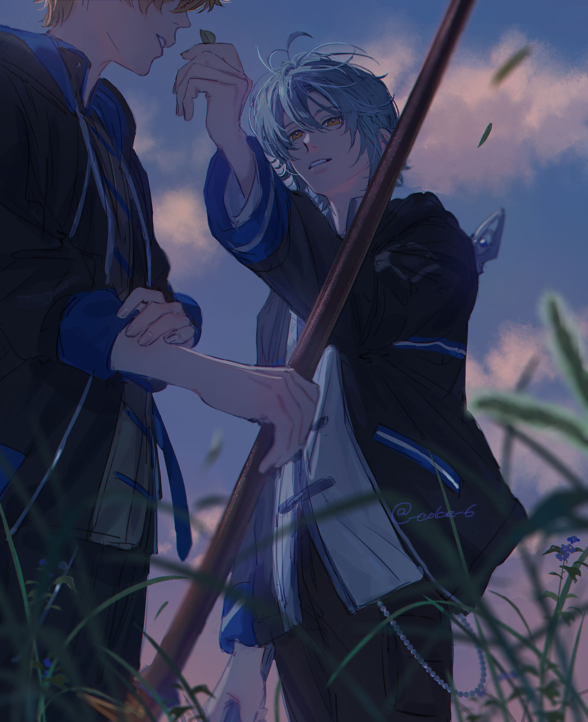 2boys, absurdres, black_jacket, black_pants, blonde_hair, blue_hair, blue_sky, clouds