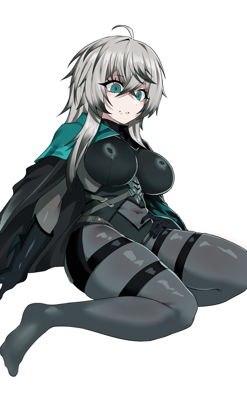 1girl, ahoge, arm_up, armored_bodysuit, black_bodysuit, black_cape, black_cloak, black_gloves