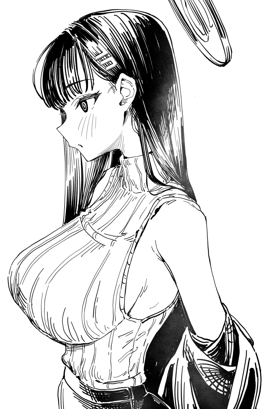 1girl, absurdres, bare_shoulders, blue_archive, blush, breasts, greyscale, hair_ornament