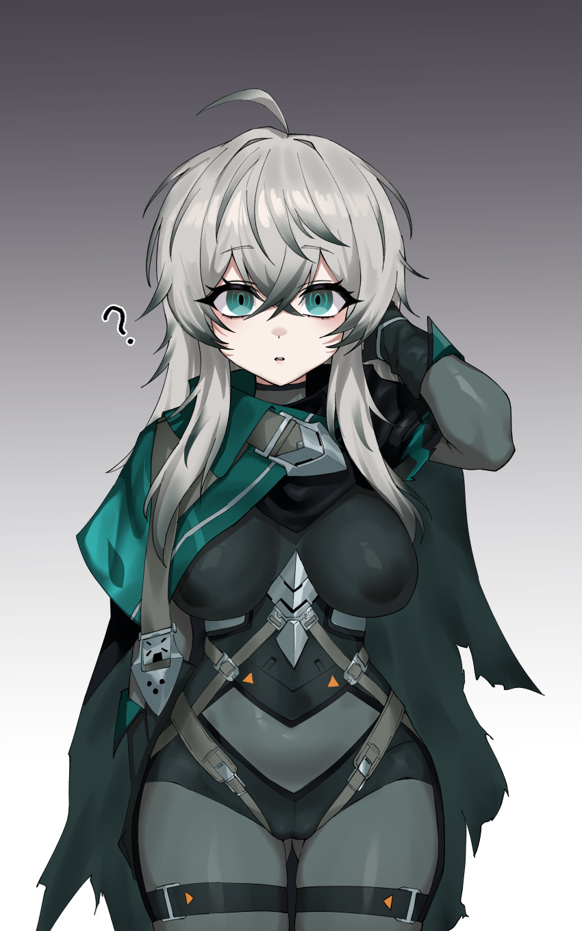 ?, ahoge, arm_up, armor, armored_bodysuit, black_bodysuit, black_gloves, bodysuit