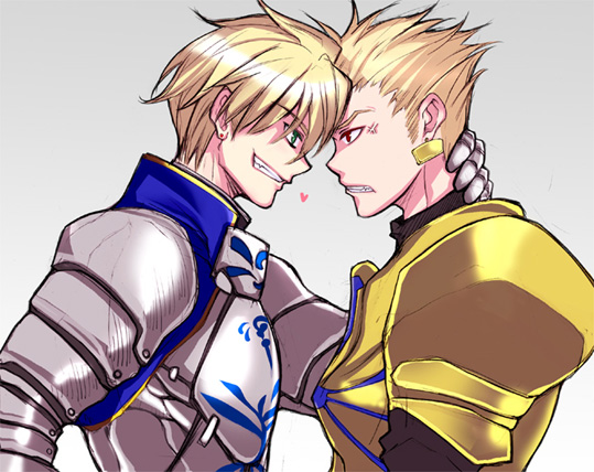 anger_vein, armor, blonde_hair, blue_eyes, earrings, face-to-face, fate/prototype, fate/stay_night