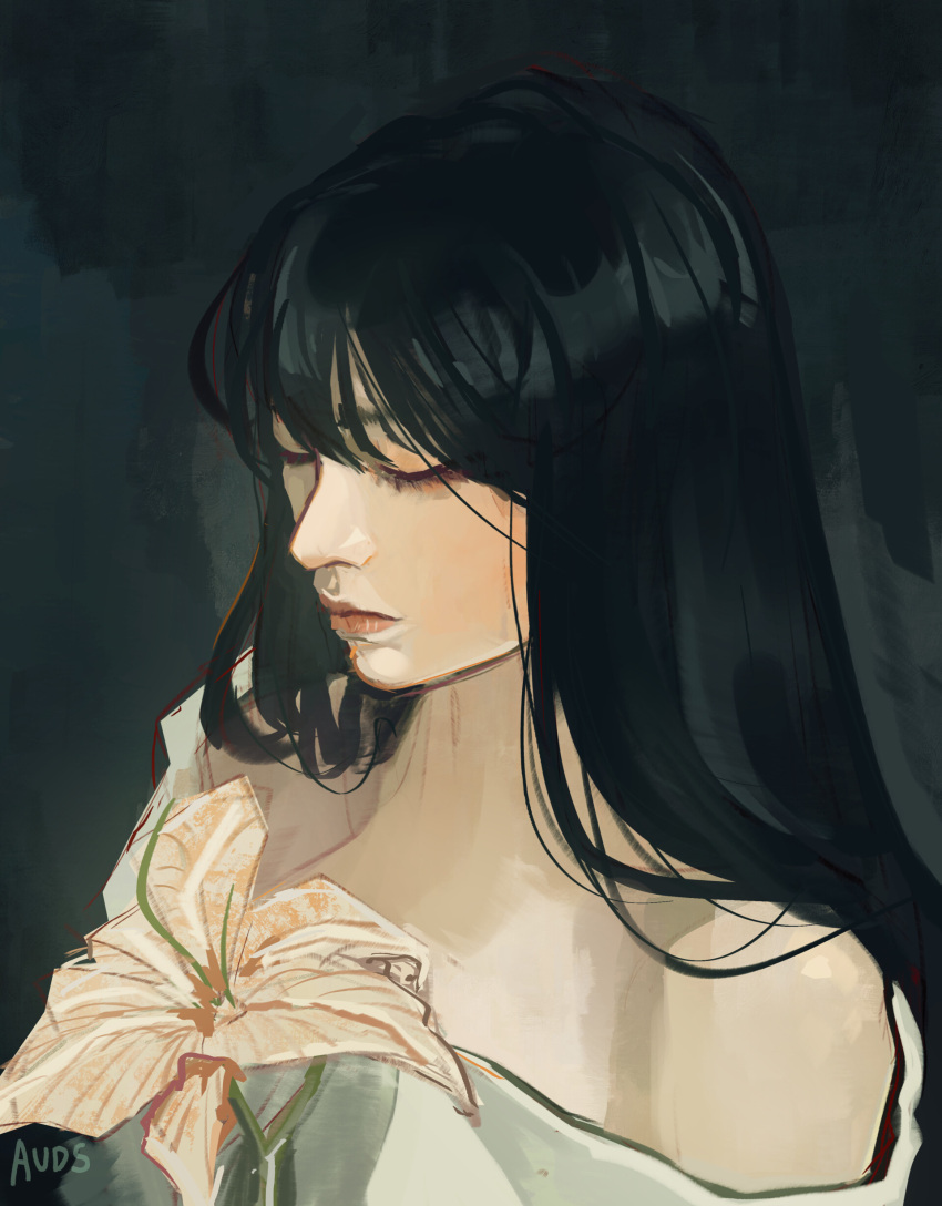 1girl, absurdres, audrey_trigo, bare_shoulders, black_hair, blunt_bangs, closed_eyes, closed_mouth, commentary, flower, highres, holding, holding_flower, irene_(red_velvet), k-pop, long_hair, profile, real_life, red_velvet_(group), simple_background, solo