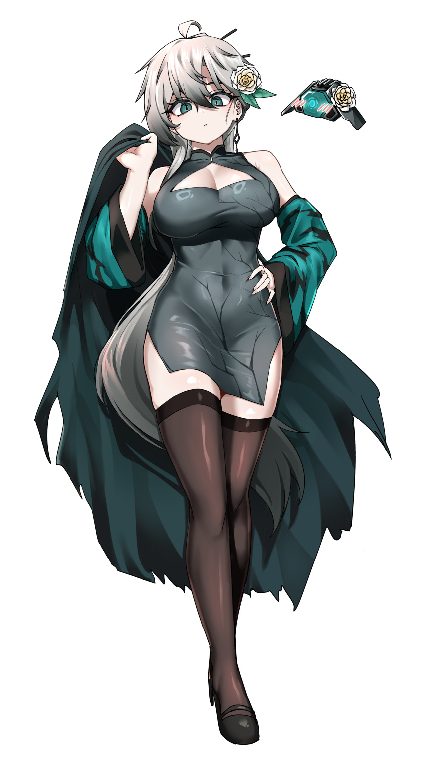1girl, 1other, ahoge, black_cape, black_dress, black_earrings, black_hair, black_shoes