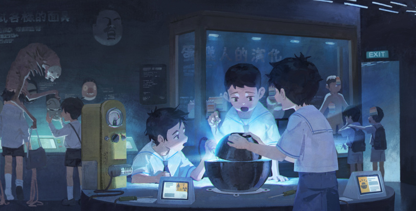 6+boys, absurdres, black_hair, black_shorts, cake, candy_gore, child, chinese_commentary