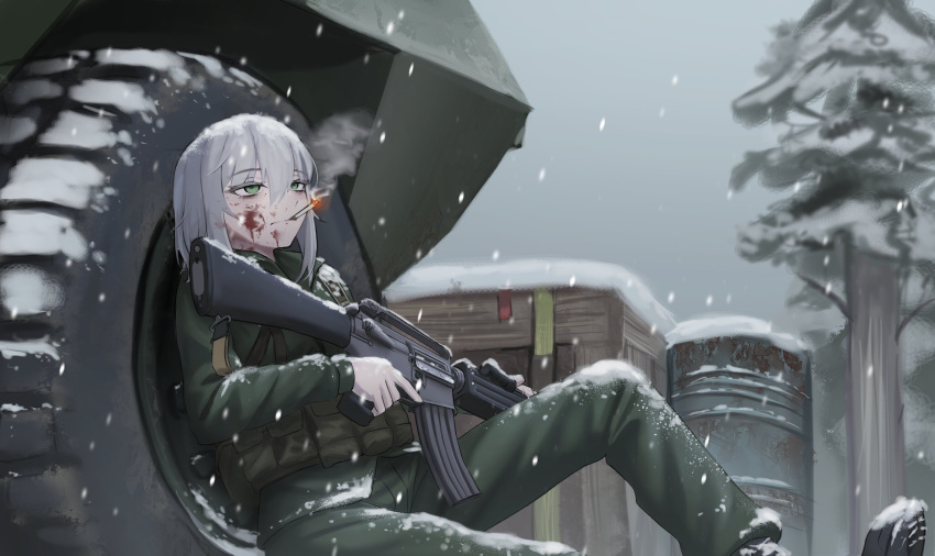 1girl, absurdres, ammunition_belt, armored_vehicle, barrel, blood, blood_on_face, boots