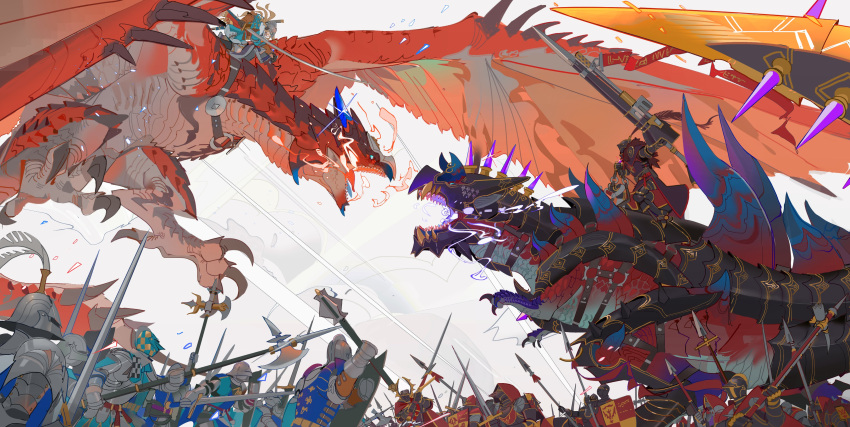1girl, 6+others, absurdres, aqua_sclera, armor, armored_animal, army, back_spikes