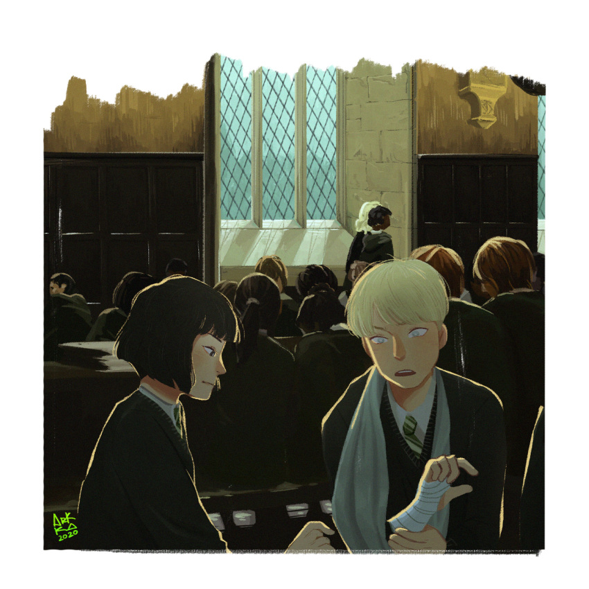 6+boys, 6+girls, :|, architecture, arkka_s_(whitewolfgrace), arm_sling, artist_name, bandaged_arm, bandages, bench, black_eyes, black_hair, black_sweater, blonde_hair, blue_eyes, blunt_bangs, blunt_ends, bob_cut, border, bright_pupils, brown_hair, classroom, closed_mouth, collared_shirt, dark_skin, diagonal-striped_clothes, diagonal-striped_necktie, draco_malfoy, dress_shirt, english_commentary, facing_away, from_behind, from_side, frown, gothic_architecture, green_necktie, harry_potter_(series), highres, hogwarts, hogwarts_school_uniform, long_hair, loose_hair_strand, multiple_boys, multiple_girls, necktie, nose, on_bench, pansy_parkinson, parted_lips, people, ponytail, school_uniform, shirt, short_hair, signature, sitting, stone_wall, striped_clothes, striped_necktie, sweater, table, teeth, two-tone_necktie, upper_body, upper_teeth_only, v-neck, very_dark_skin, wainscoting, white_border, white_necktie, white_pupils, white_shirt, window, wizarding_world, wooden_wall