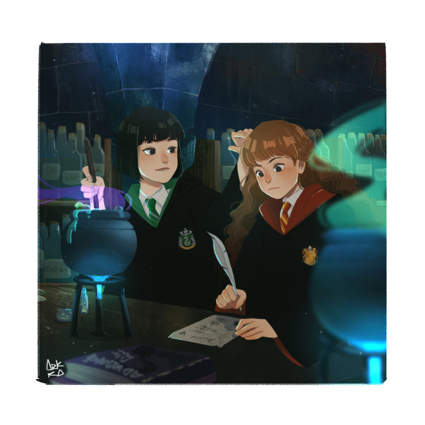 2girls, :|, adjusting_another's_hair, arkka_s_(whitewolfgrace), artist_name, black_eyes, black_hair, black_robe