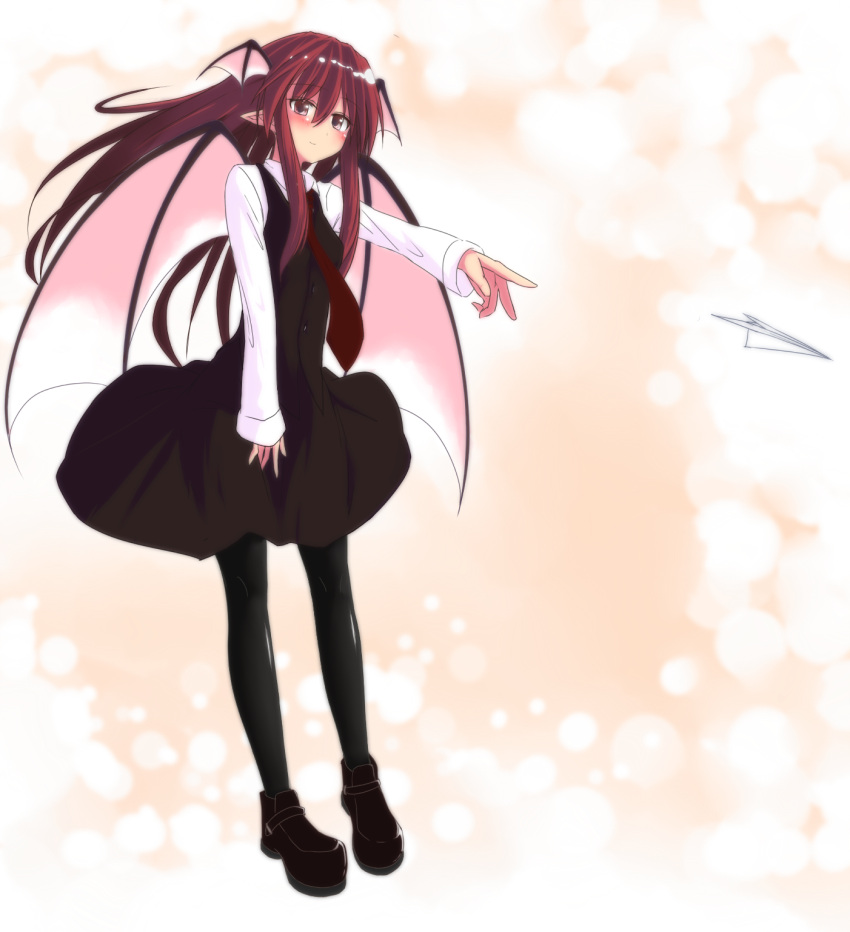 bat_wings, black_legwear, blush, dress, dress_shirt, head_wings, highres, koakuma