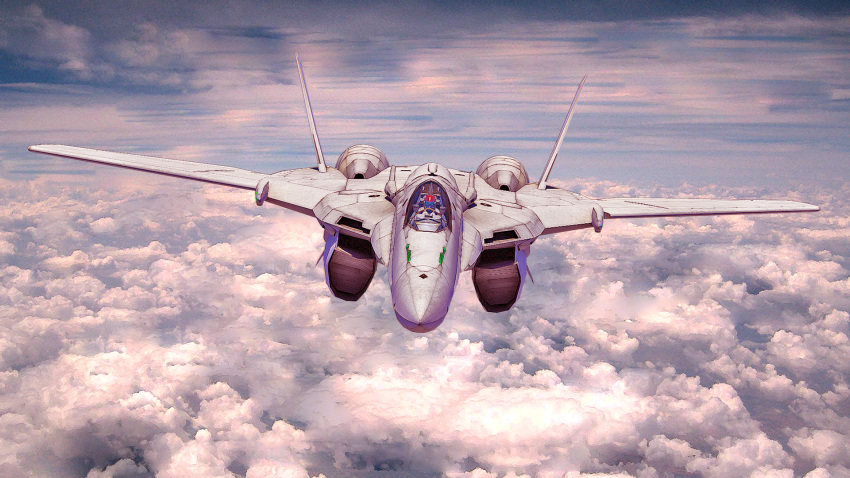 airplane, bad_id, cloud, helmet, highres, jet, macross, macross_frontier