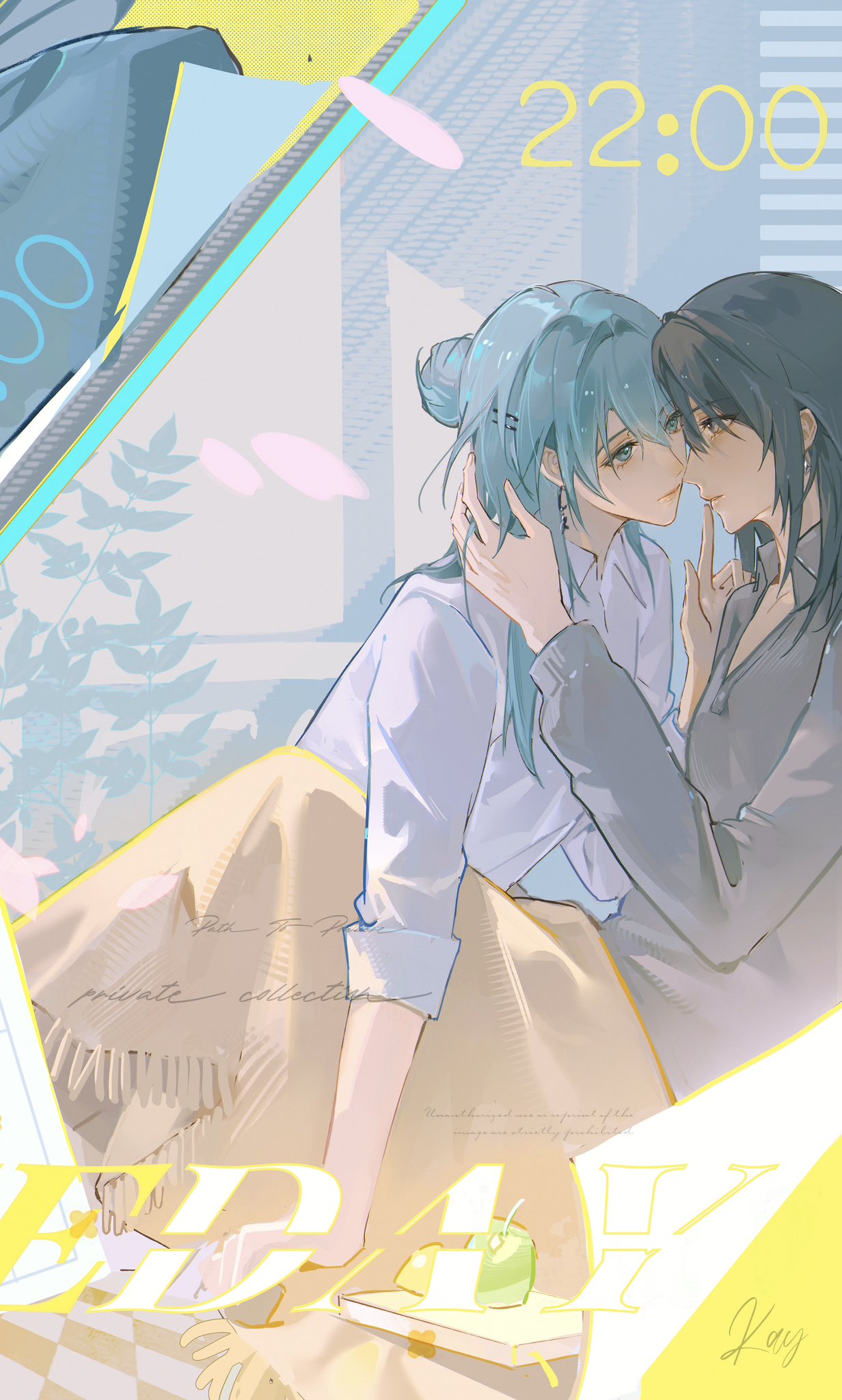 2girls, blue_hair, chief_(path_to_nowhere), commentary, english_commentary, female_chief_(path_to_nowhere), highres, leaning_forward, long_sleeves, multiple_girls, nightingale_(path_to_nowhere), path_to_nowhere, plant, sitting, sleeves_rolled_up, supaii16, timestamp, yuri
