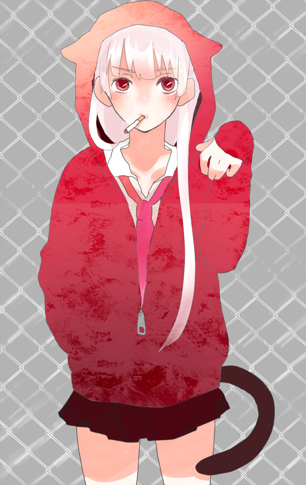 bad_id, casual, cigarette, contemporary, fujiwara_no_mokou, hoodie, long_hair, necktie, ojo_(rabu360), rabu360, red_eyes, red_eys, silver_hair, skirt, tail, touhou
