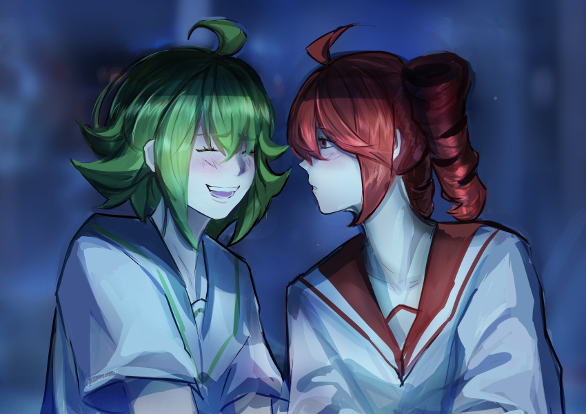 2girls, absurdres, ahoge, alternate_costume, blush, closed_eyes, drill_hair, green_hair