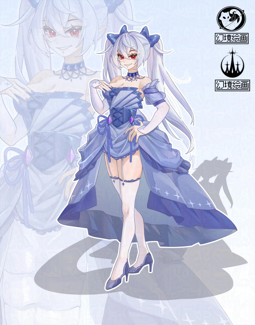 1girl, absurdres, blue_dress, dress, full_body, genkyopainting, high_heels, highres, long_hair, looking_at_viewer, original, red_eyes, smile, solo, standing, thigh-highs, twintails, white_hair, white_thighhighs