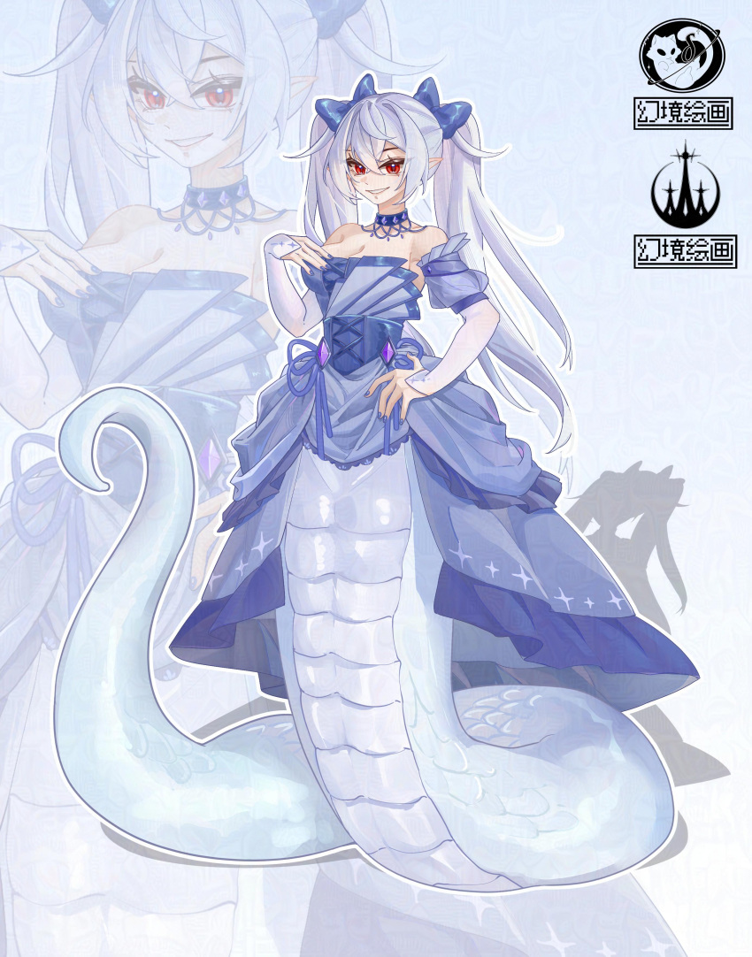 1girl, absurdres, blue_dress, breasts, choker, dress, genkyopainting, hand_on_own_hip, highres, large_breasts, long_hair, looking_at_viewer, monster_girl, original, red_eyes, simple_background, snake_girl, solo, twintails, white_hair