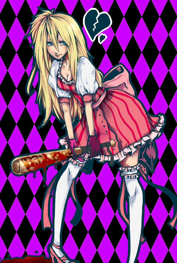 argyle_background, bad_girl, baseball_bat, blonde_hair, blood, blue_eyes, breasts, dress