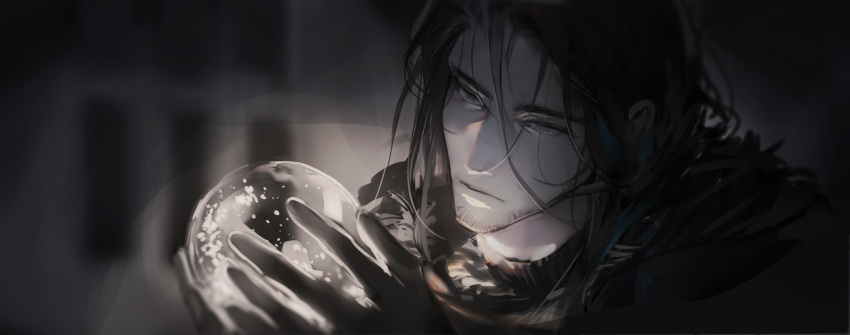 1boy, absurdres, arknights, banban_(vvvviiiiiia), beard_stubble, black_hair, black_jacket, blue_eyes