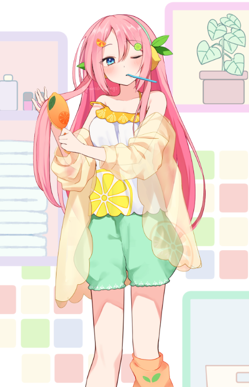 1girl, blue_eyes, blush, brushing_hair, camisole, commentary_request, feet_out_of_frame, food-themed_hair_ornament, food_print, fruit_hair_ornament, fruit_print, green_shorts, hair_between_eyes, hair_brush, hair_ornament, headphones, holding, holding_hair_brush, indoors, jacket, leg_warmers, lemon_print, long_hair, looking_at_viewer, mani_(manidrawings), megurine_luka, off_shoulder, one_eye_closed, orange_leg_warmers, pink_hair, plant, potted_plant, puffy_short_sleeves, puffy_sleeves, roomwear_megurine_luka_design_contest, see-through_clothes, see-through_jacket, short_sleeves, shorts, single_leg_warmer, solo, straight_hair, strap_slip, toothbrush, toothbrush_in_mouth, vocaloid, white_camisole, yellow_jacket
