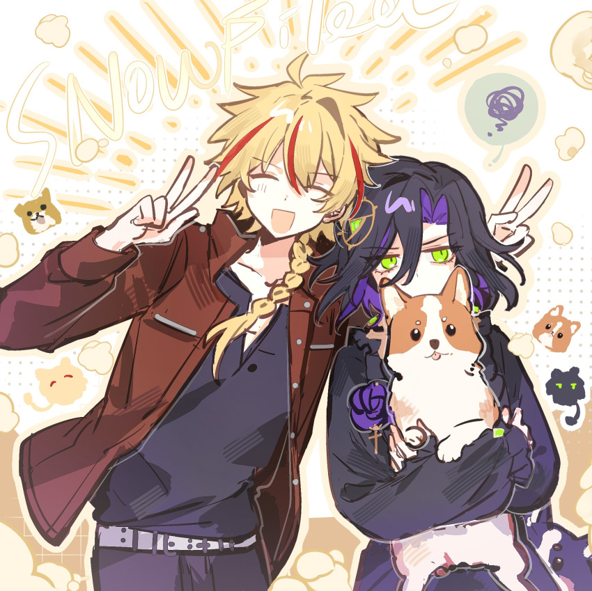2boys, ahoge, animal, animal_hug, black_hair, blonde_hair, blush, braid