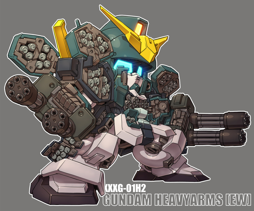 blue_eyes, character_name, chibi, clenched_hands, commentary, from_side, gatling_gun, glowing