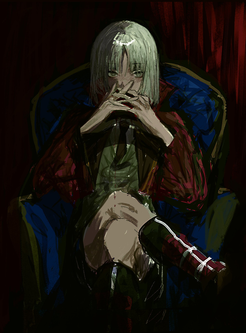 1boy, blush, bob_cut, chair, chin_boooooooo, crossed_legs, fate/strange_fake, fate_(series)