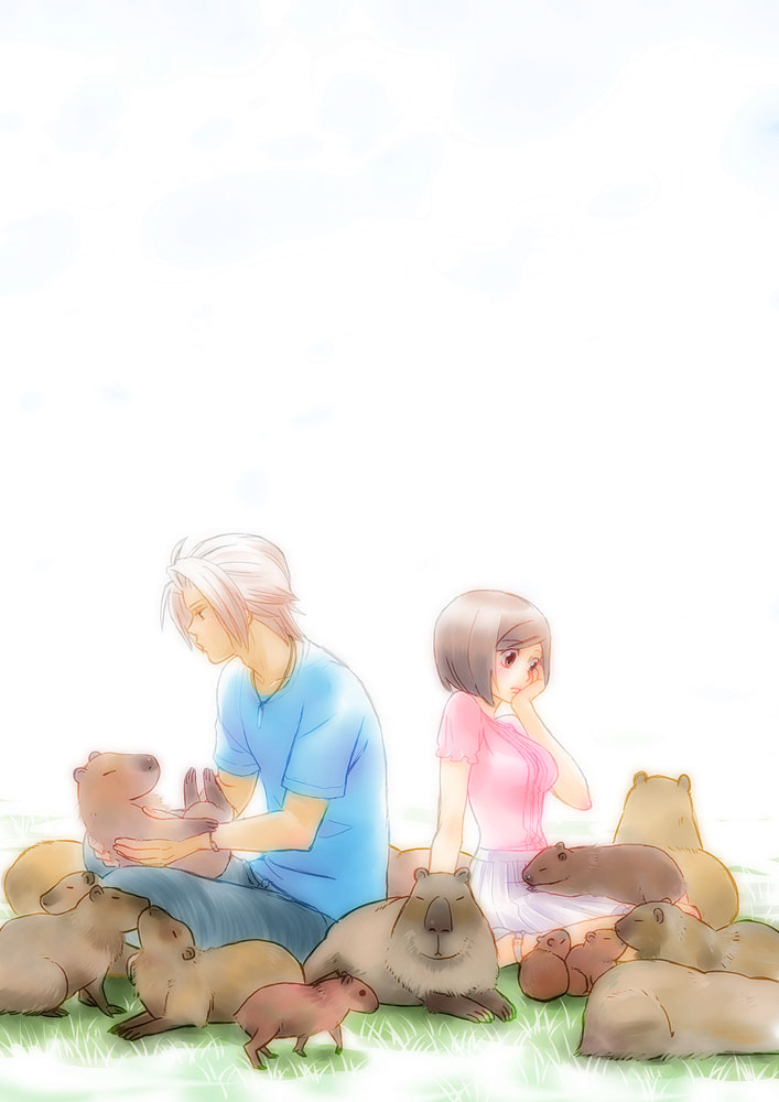 bob_cut, brown_hair, capybara, character_request, couple, short_hair, silver_hair, sitting