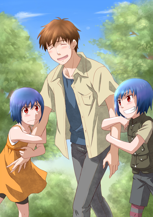 2girls, arm_grab, arm_holding, bike_shorts, blue_hair, blush, brother_and_sister, brown_hair