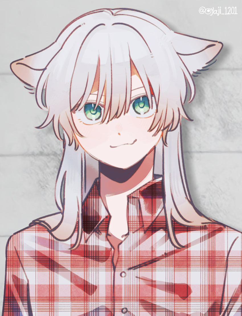 1girl, :3, animal_ears, cat_ears, cat_girl, closed_mouth, collared_shirt, commentary_request
