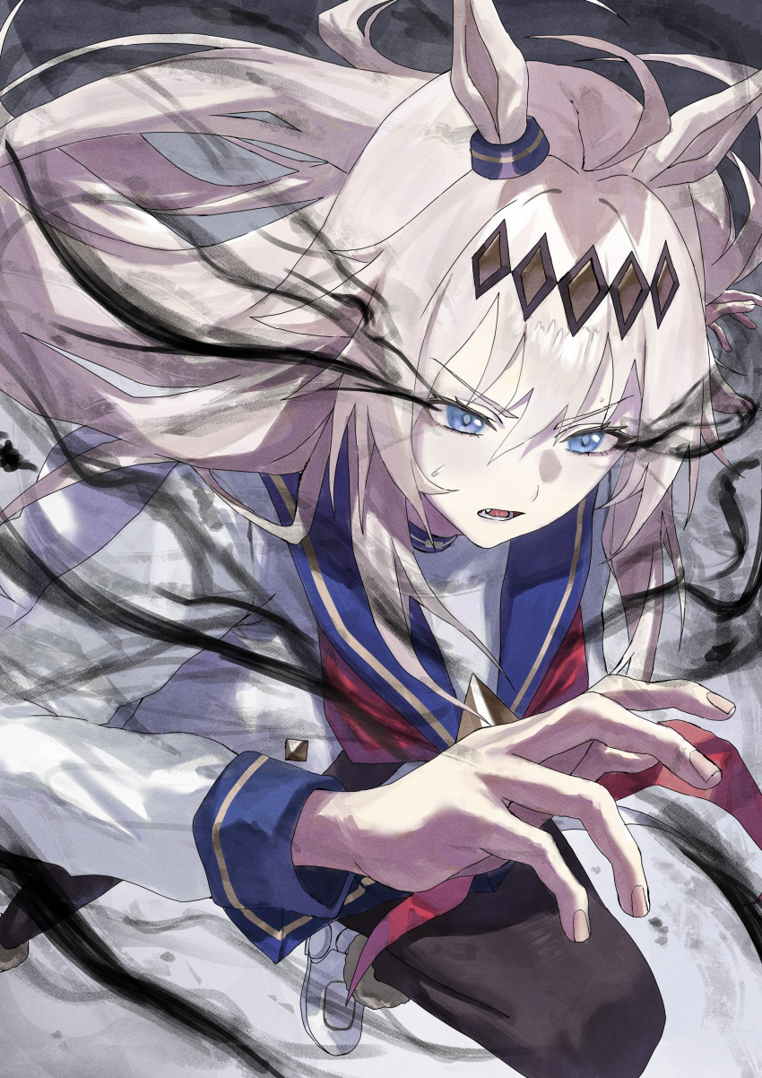 1girl, absurdres, ahoge, animal_ears, black_pantyhose, blue_eyes, blue_sailor_collar, blue_skirt