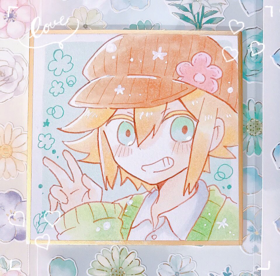 1boy, basil_(birthday)_(omori), basil_(faraway)_(omori), basil_(omori), blonde_hair, blue_eyes, blush, brown_hat