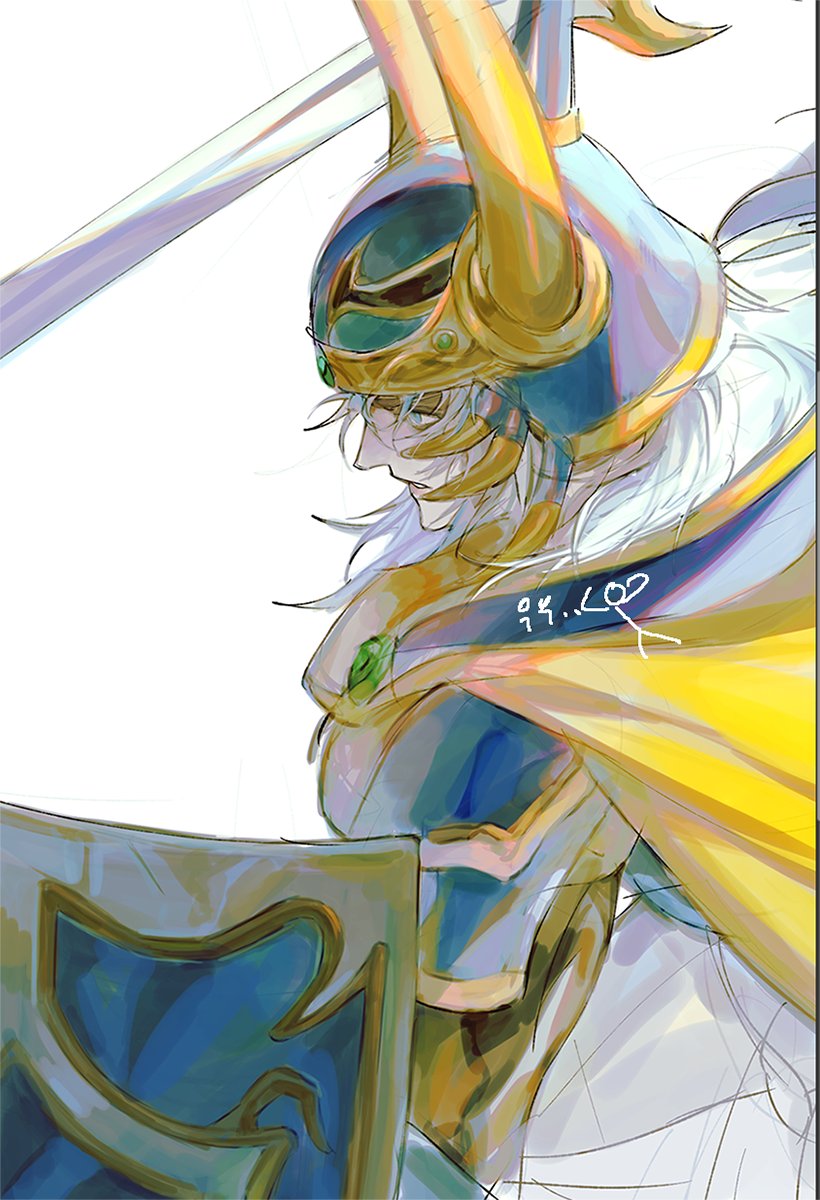1boy, armor, blue_eyes, cape, commentary, fake_horns, fighting_stance, final_fantasy