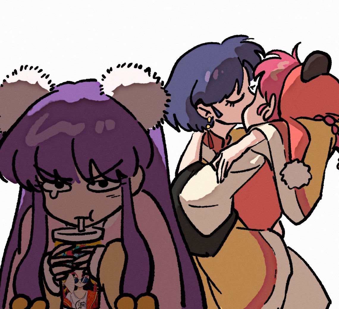 3girls, :t, blue_hair, braid, chinese_clothes, closed_eyes, cup, earrings