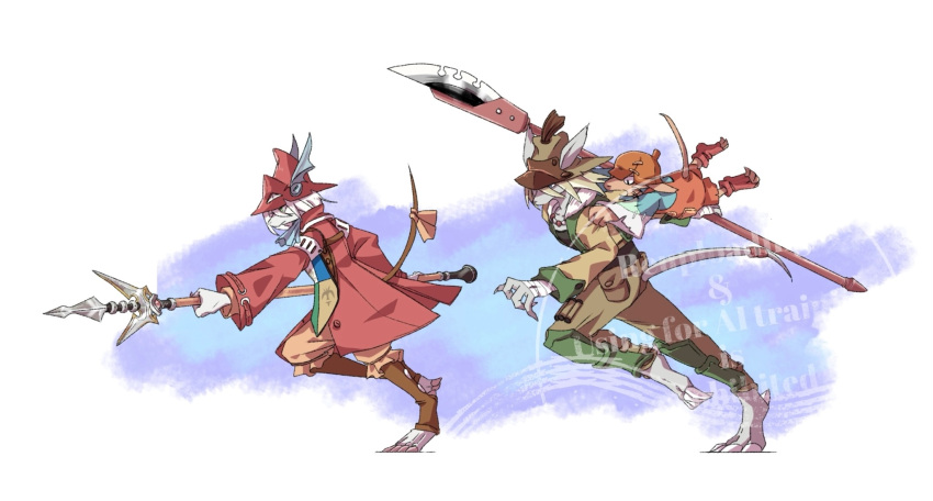 1girl, 2boys, acorn_hat_ornament, animal_ears, armor, ascot, bandaged_hand, bandages