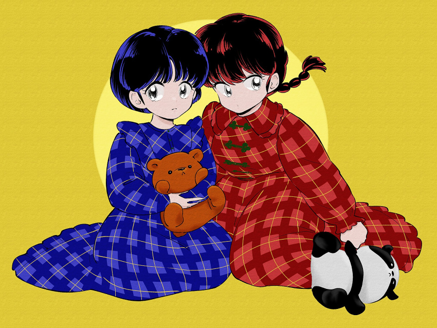 2girls, blue_dress, blue_hair, braid, closed_mouth, commentary_request, dress, frown