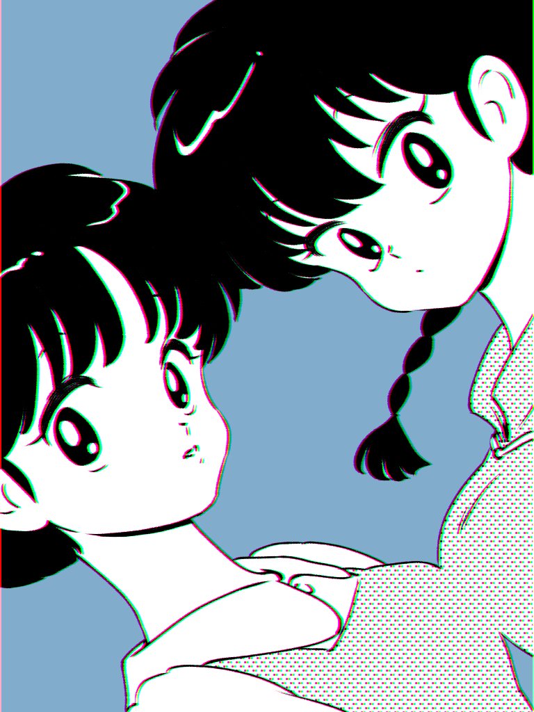 2girls, blue_background, braid, chromatic_aberration, closed_mouth, commentary_request, fuurinkan_high_school_uniform, greyscale_with_colored_background