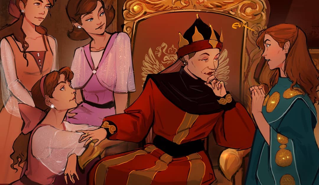 5girls, anastasia_(1997), anya_(anastasia), aqua_dress, brown_hair, closed_mouth, commentary_request, crown, dress, earrings, evrs_art, eye_contact, grandmother_and_granddaughter, half_updo, jewelry, long_hair, looking_at_another, looking_at_viewer, maria_(anastasia), marie_(anastasia), multiple_girls, olga_(anastasia), orange_dress, pearl_earrings, ponytail, purple_dress, red_hair, red_lips, ring, russian_commentary, see-through_clothes, see-through_sleeves, short_hair, siblings, sisters, sitting, smile, tatiana_(anastasia)