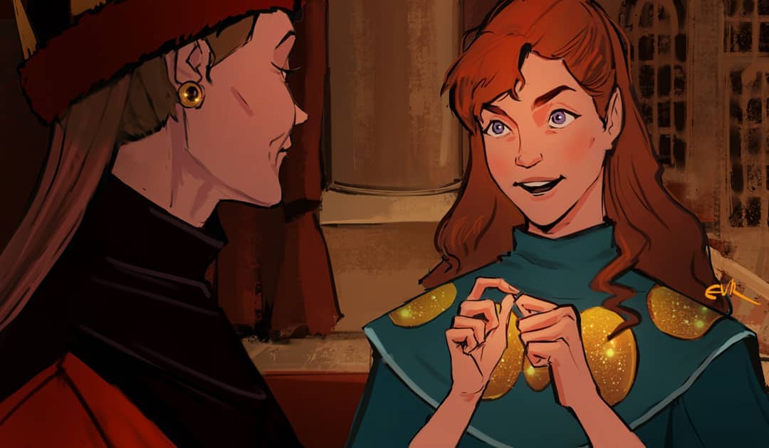 2girls, anastasia_(1997), anya_(anastasia), aqua_dress, blue_eyes, brown_hair, commentary_request, crown, dress, evrs_art, grandmother_and_granddaughter, half_updo, indoors, marie_(anastasia), multiple_girls, red_hair, russian_commentary, smile, teeth, turtleneck, upper_teeth_only
