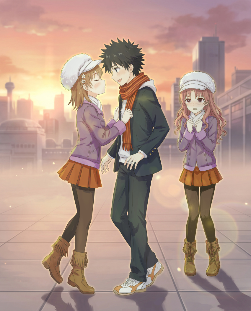 1boy, 2girls, a_certain_high_school_uniform, academy_city, alternate_hairstyle, ankle_boots, black_hair, black_jacket