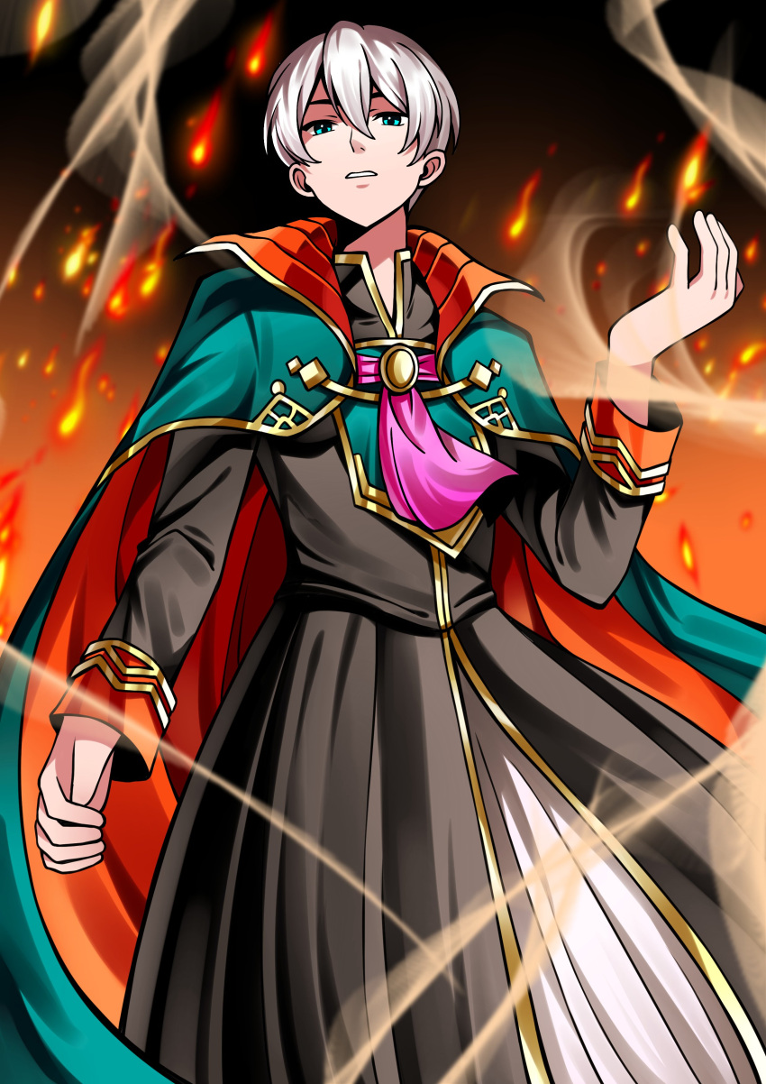 1boy, absurdres, alternate_costume, ascot, black_background, black_robe, cape, commentary_request