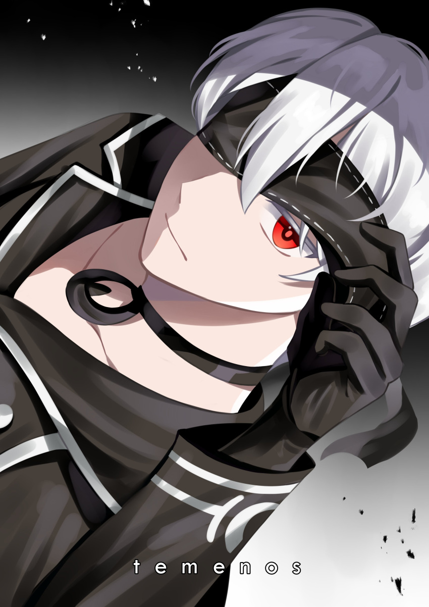 1boy, 9s_(nier:automata), 9s_(nier:automata)_(cosplay), absurdres, black_background, black_gloves, black_jacket, blindfold_mask