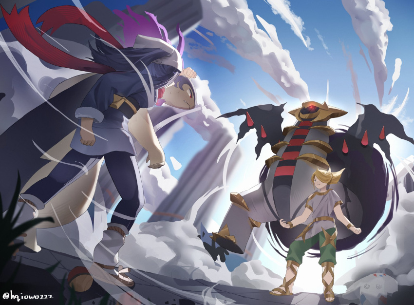 1boy, 1girl, akari_(pokemon), alternate_form, black_hair, black_pantyhose, black_sash, black_sclera
