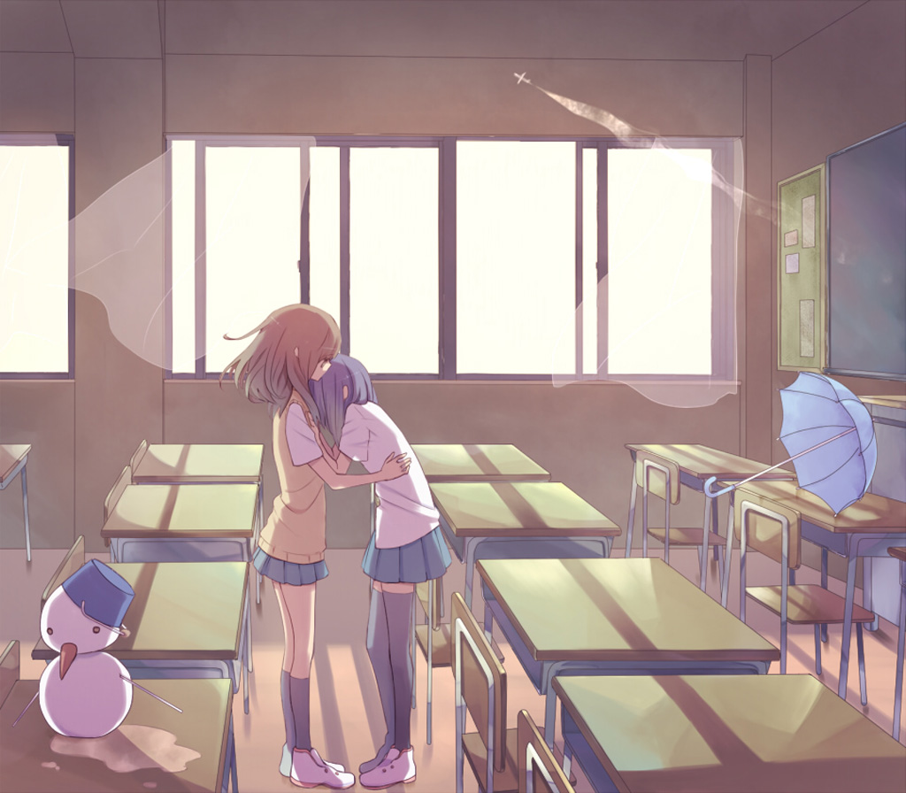 2girls, black_hair, brown_hair, classroom, hug, long_hair, original, seifuku