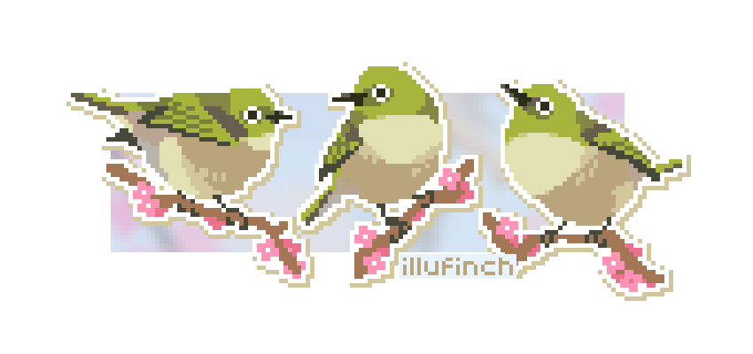 animal, animal_focus, artist_name, bird, branch, cherry_blossoms, commentary, english_commentary, flower, illufinch, no_humans, original, outline, pink_flower, pixel_art, silvereye_(bird), white_outline