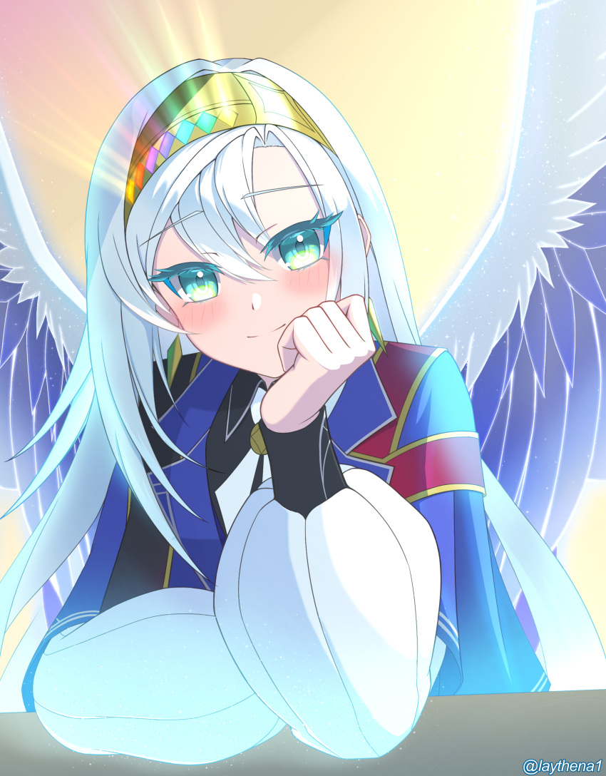 1girl, absurdres, artmage_finmel, artmage_non_finito, black_pantyhose, blue_capelet, capelet, closed_mouth