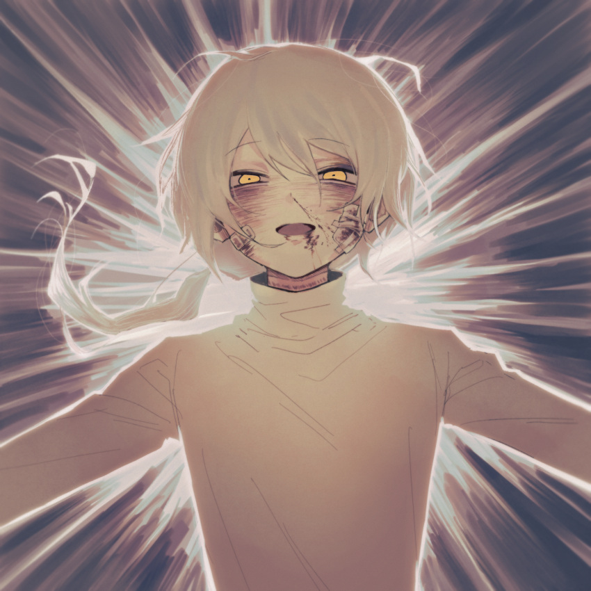 1boy, :d, bandage_on_cheek, bandage_on_face, bandages, blood, blood_on_face, bruise, bruise_on_face, bruise_on_neck, bruised_eye, commentary, hello_charlotte, highres, injury, low_ponytail, medium_hair, messy_hair, outstretched_arms, ponytail, shironism, shirt, short_ponytail, smile, sparkle, sparkle_background, sparkling_aura, spread_arms, turtleneck, turtleneck_shirt, vincent_wordsworth, white_hair, white_shirt, yellow_eyes