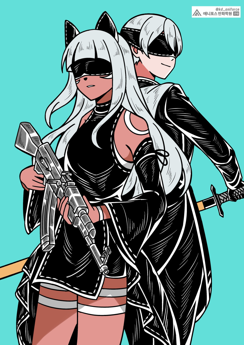 1boy, 1girl, absurdres, animal_ears, animal_nose, aqua_background, back-to-back, bare_shoulders, black_jacket, blindfold, body_markings, cat_ears, closed_mouth, commentary, dark-skinned_female, dark_skin, facial_mark, fuwarenren, gun, highres, holding, holding_gun, holding_weapon, jacket, long_hair, nier:automata, nier_(series), ochette_(octopath_traveler), octopath_traveler, octopath_traveler_ii, short_hair, smile, sword, temenos_mistral, weapon, whisker_markings, white_hair
