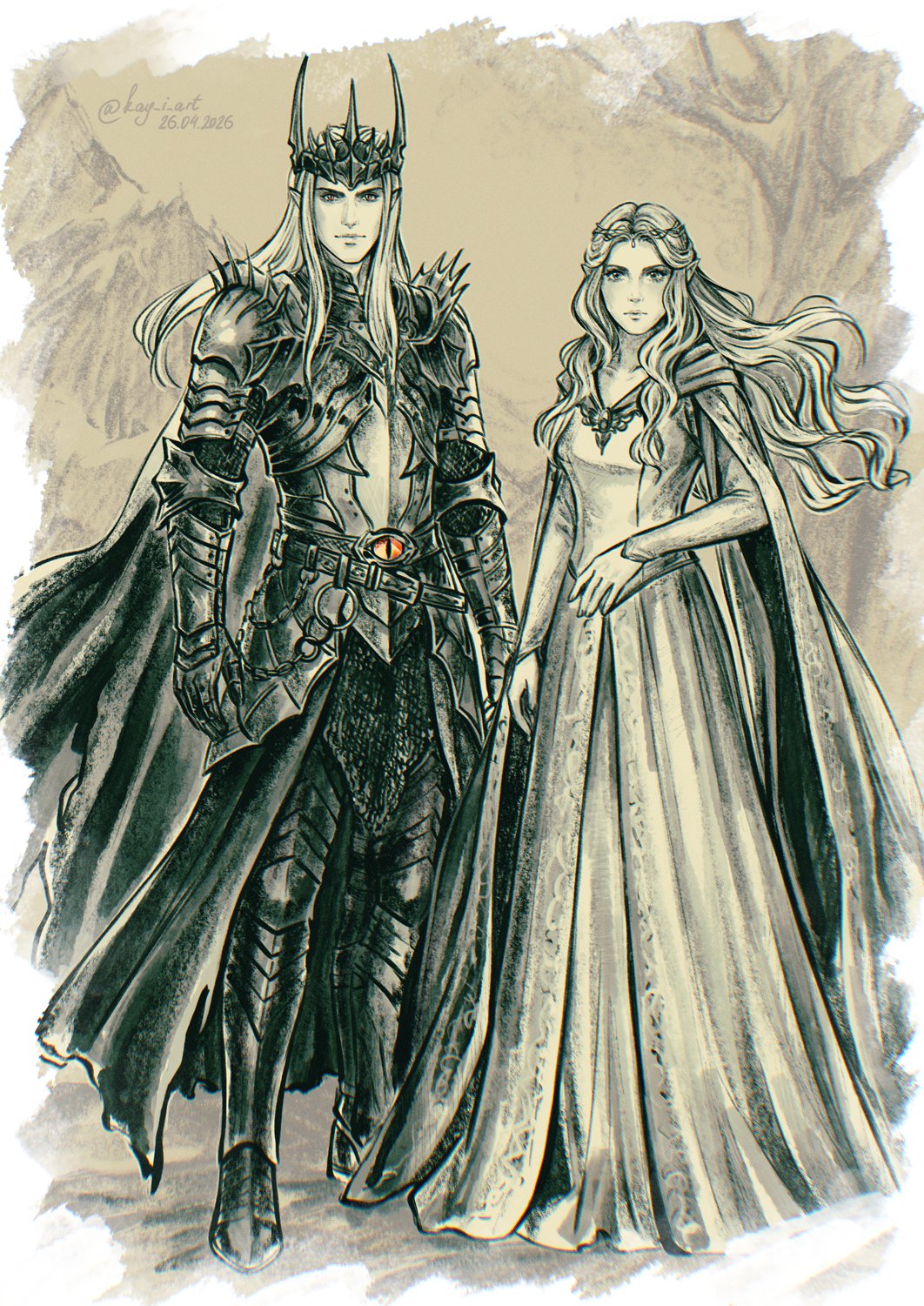 1boy, 1girl, armor, armored_boots, black_armor, black_cloak, boots, border